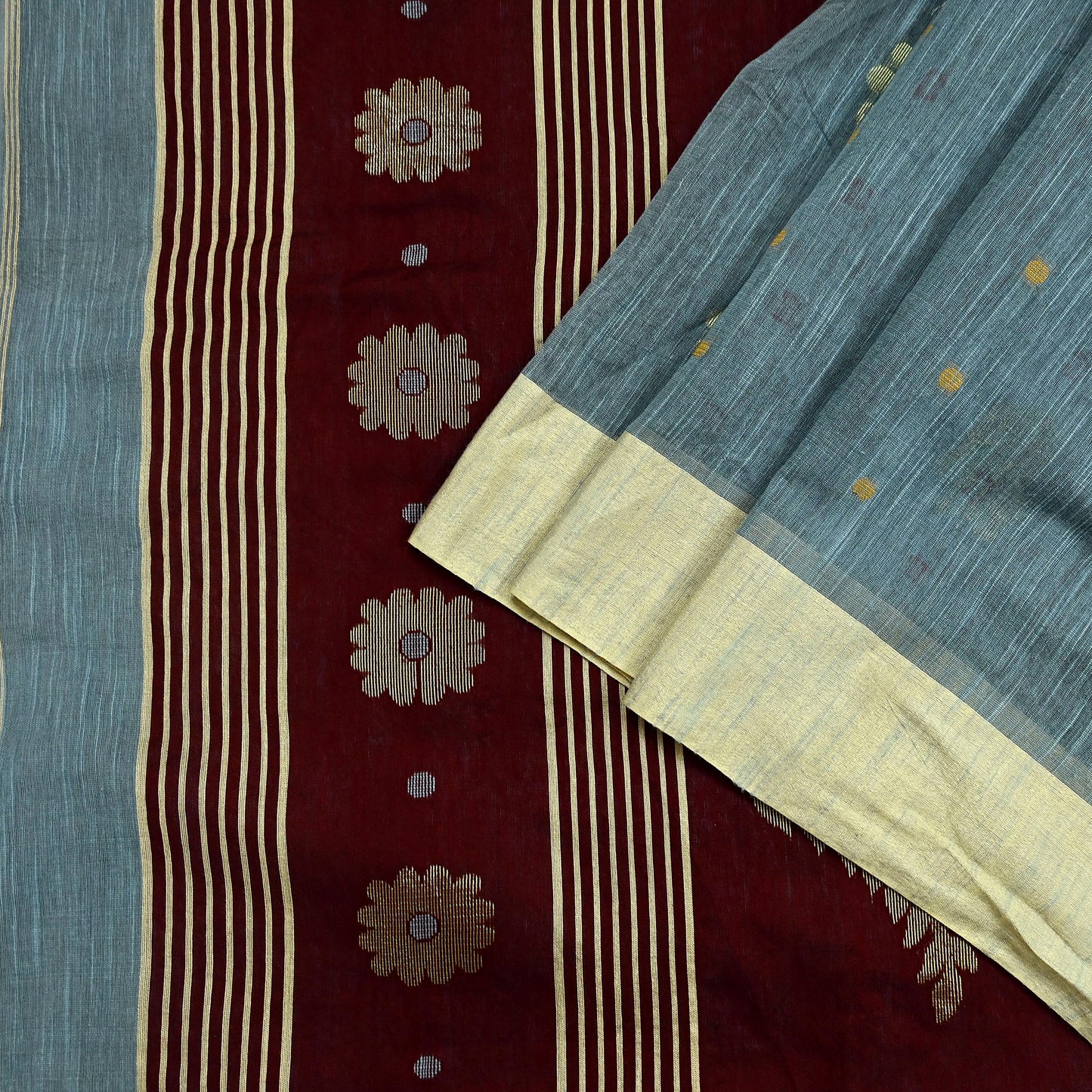 Indian Vintage Sari Gray & maroon Pure Cotton Hand Woven Sarees Craft Fabric 5yd Ethnic Crafting Upcycle Quilting Dress Making Fringes