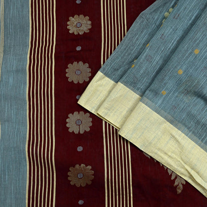 Indian Vintage Sari Gray & maroon Pure Cotton Hand Woven Sarees Craft Fabric 5yd Ethnic Crafting Upcycle Quilting Dress Making Fringes