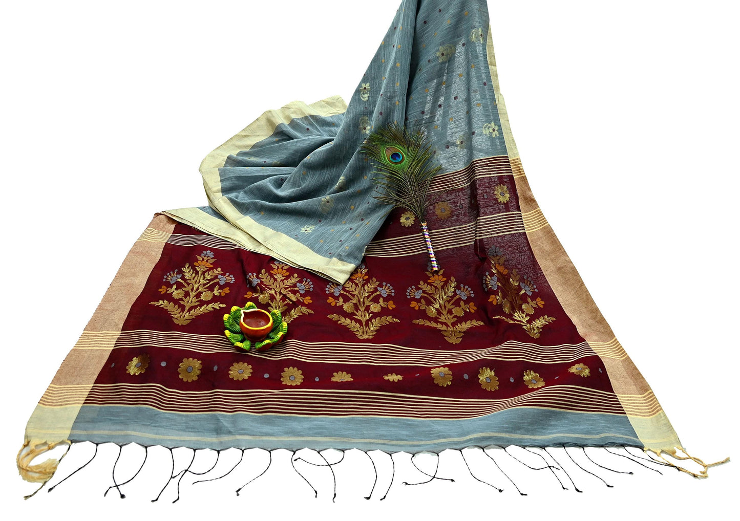 Indian Vintage Sari Gray & maroon Pure Cotton Hand Woven Sarees Craft Fabric 5yd Ethnic Crafting Upcycle Quilting Dress Making Fringes