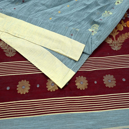 Indian Vintage Sari Gray & maroon Pure Cotton Hand Woven Sarees Craft Fabric 5yd Ethnic Crafting Upcycle Quilting Dress Making Fringes