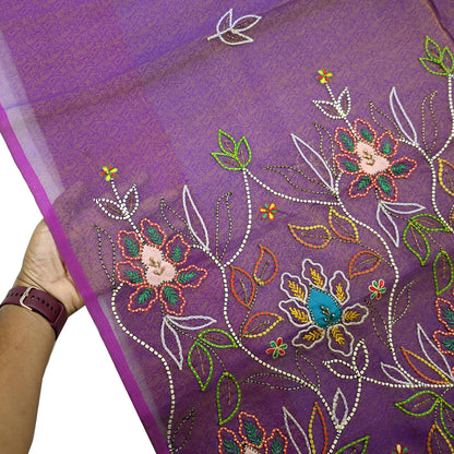 Indian Vintage Sari Purple Hand Embroidered Saree Pure Organza Silk Craft Fabric 5Yd Ethnic Dress Making Crafting Quilting