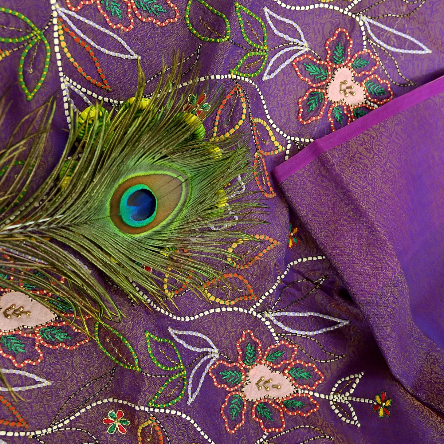 Indian Vintage Sari Purple Hand Embroidered Saree Pure Organza Silk Craft Fabric 5Yd Ethnic Dress Making Crafting Quilting