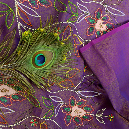 Indian Vintage Sari Purple Hand Embroidered Saree Pure Organza Silk Craft Fabric 5Yd Ethnic Dress Making Crafting Quilting