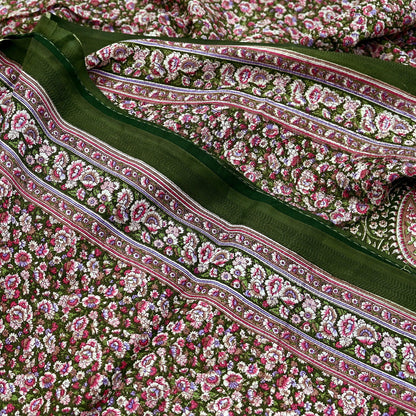 Indian Vintage Sari Green Printed Pure Cotton Sarees Fabric Floral 5Yd Sarong Wrap Boho Fabric Kimono Dress making Crafting