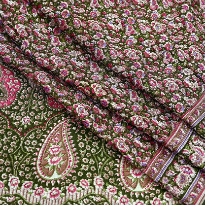 Indian Vintage Sari Green Printed Pure Cotton Sarees Fabric Floral 5Yd Sarong Wrap Boho Fabric Kimono Dress making Crafting