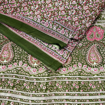 Indian Vintage Sari Green Printed Pure Cotton Sarees Fabric Floral 5Yd Sarong Wrap Boho Fabric Kimono Dress making Crafting