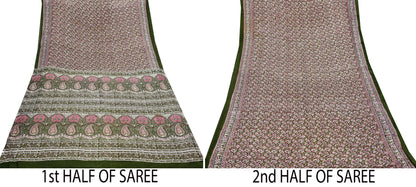 Indian Vintage Sari Green Printed Pure Cotton Sarees Fabric Floral 5Yd Sarong Wrap Boho Fabric Kimono Dress making Crafting
