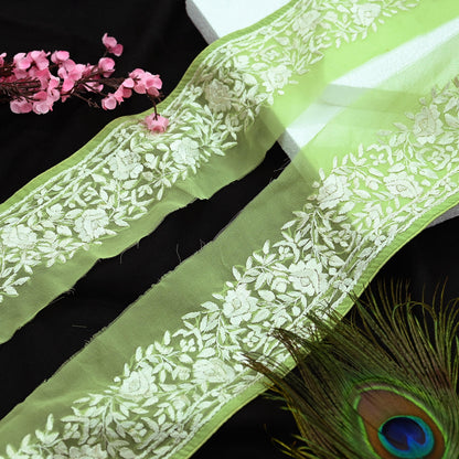 Indian Antique Vintage Real Parsi Gara Border Green Hand Embroidered Craft Trim Lace Sewing Saree Ribbon Recycled 1yard Pure Georgette Silk