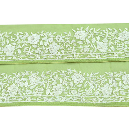 Indian Antique Vintage Real Parsi Gara Border Green Hand Embroidered Craft Trim Lace Sewing Saree Ribbon Recycled 1yard Pure Georgette Silk