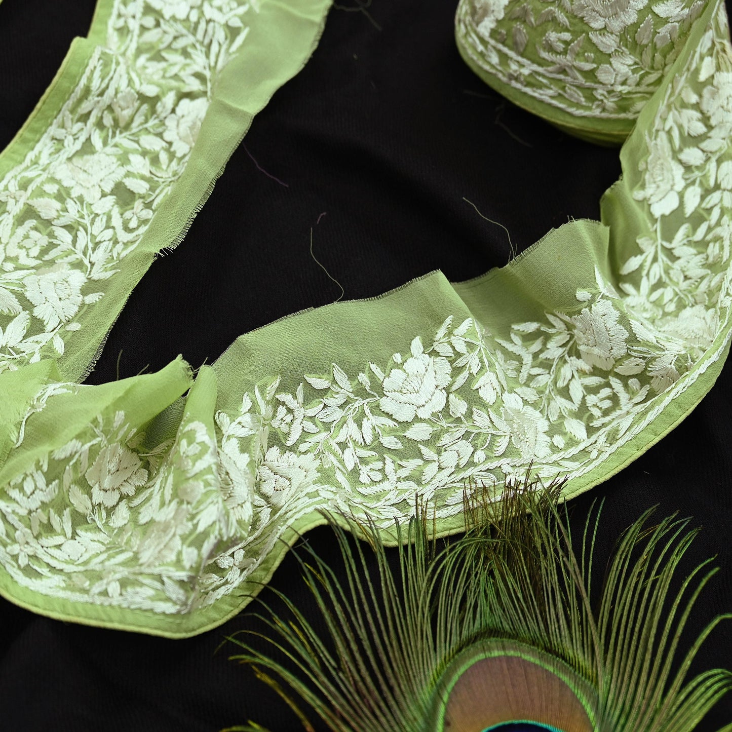 Indian Antique Vintage Real Parsi Gara Border Green Hand Embroidered Craft Trim Lace Sewing Saree Ribbon Recycled 1yard Pure Georgette Silk