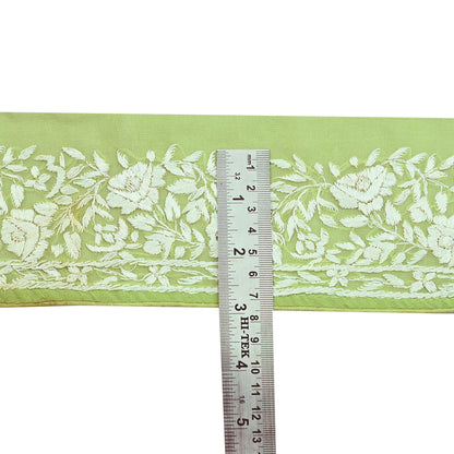 Indian Antique Vintage Real Parsi Gara Border Green Hand Embroidered Craft Trim Lace Sewing Saree Ribbon Recycled 1yard Pure Georgette Silk