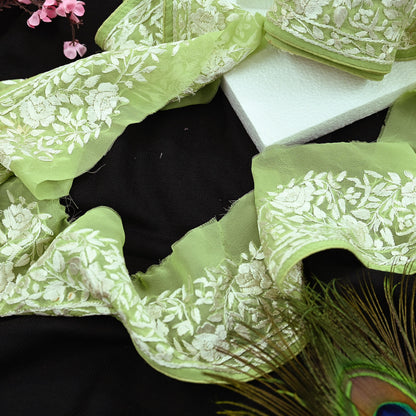 Indian Antique Vintage Real Parsi Gara Border Green Hand Embroidered Craft Trim Lace Sewing Saree Ribbon Recycled 1yard Pure Georgette Silk