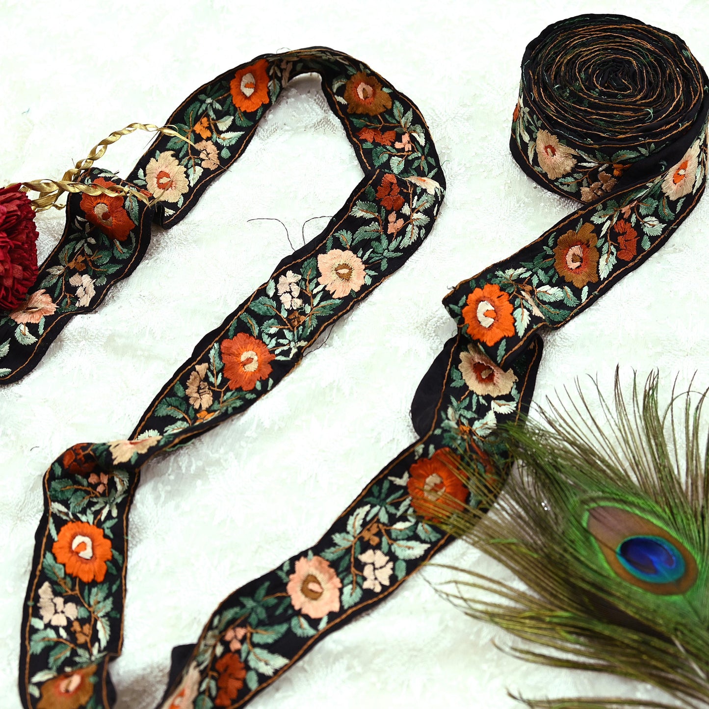 Indian Antique Vintage Real Parsi Gara Border Black Hand Embroidered Craft Trim Lace Sewing Sarees Ribbon Recycled 1yard Pure Cotton