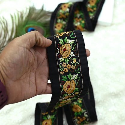 Indian Antique Vintage Real Parsi Gara Border Black Hand Embroidered Craft Trim Lace Sewing Sarees Ribbon Recycled 1yard Crepe