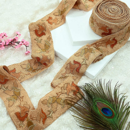 Indian Antique Vintage Real Chain Stitch Border Beige Hand Embroidered Craft Trim Lace Sewing Sarees Ribbon Recycled 1yard Net/Mesh
