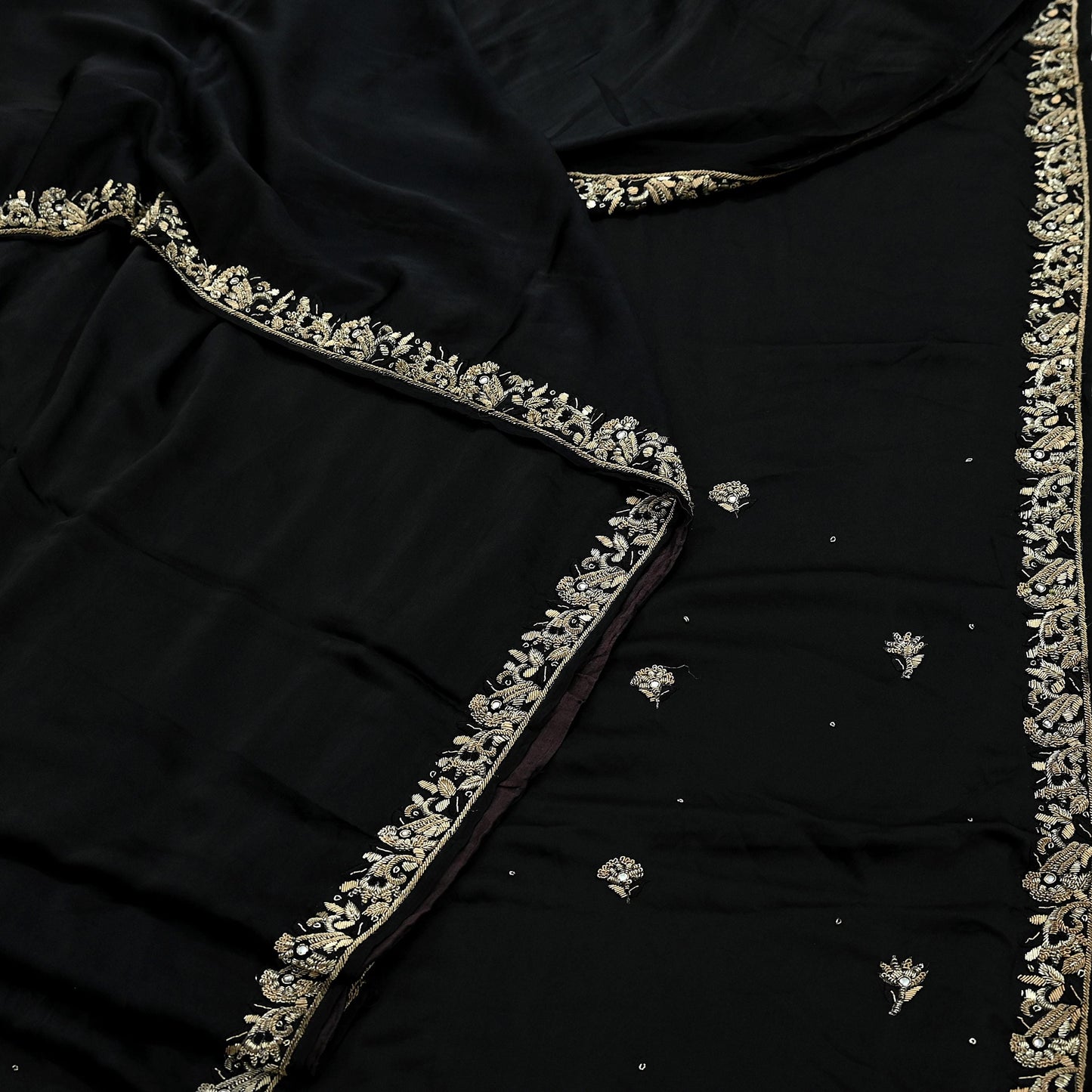 Indian Vintage Heavy Black Sarees 100% Pure Satin Silk Hand Embroidered Sari Craft Fabric 6Yd Sewing Soft Zardozi/Dabka