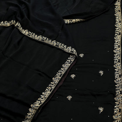 Indian Vintage Heavy Black Sarees 100% Pure Satin Silk Hand Embroidered Sari Craft Fabric 6Yd Sewing Soft Zardozi/Dabka