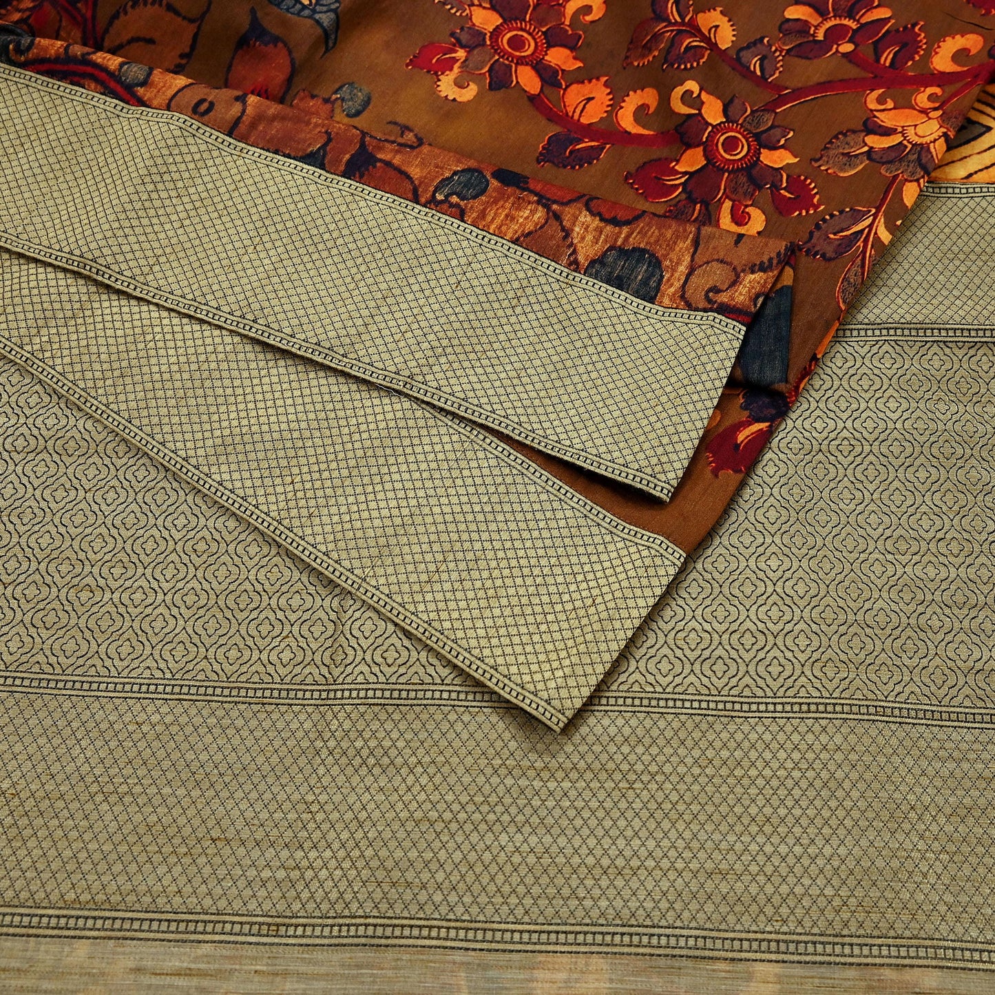 Indian Vintage Brown Saree Blend Silk Kalamkari Sari Craft Fabric 5yd Ethnic Wear Floral Crafting Quilting Peacock Design