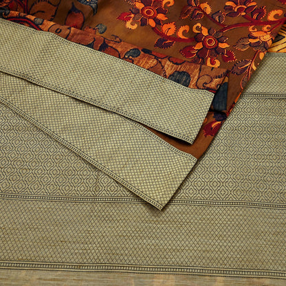 Indian Vintage Brown Saree Blend Silk Kalamkari Sari Craft Fabric 5yd Ethnic Wear Floral Crafting Quilting Peacock Design
