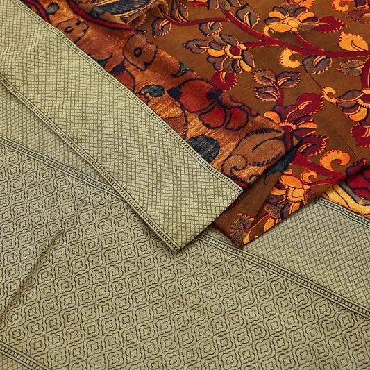 Indian Vintage Brown Saree Blend Silk Kalamkari Sari Craft Fabric 5yd Ethnic Wear Floral Crafting Quilting Peacock Design