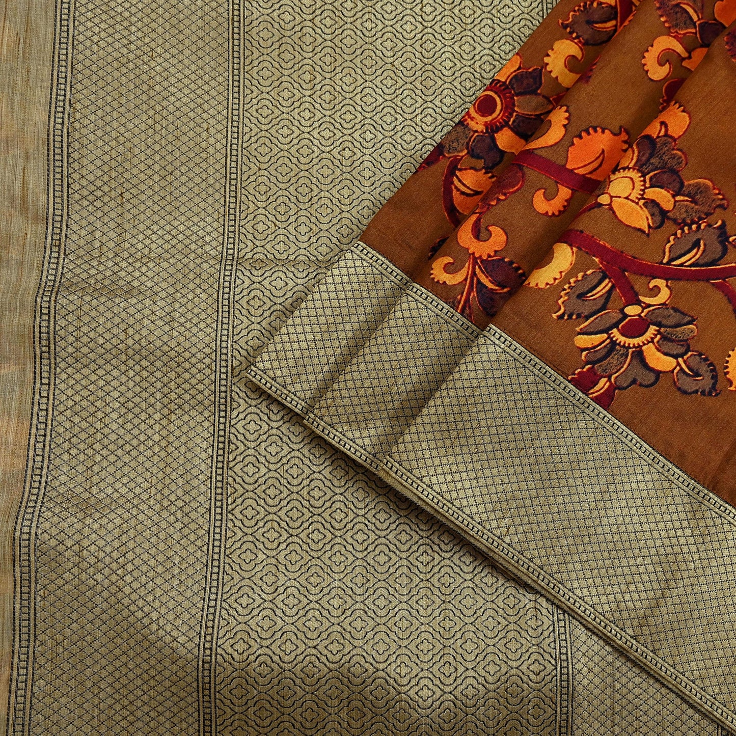Indian Vintage Brown Saree Blend Silk Kalamkari Sari Craft Fabric 5yd Ethnic Wear Floral Crafting Quilting Peacock Design