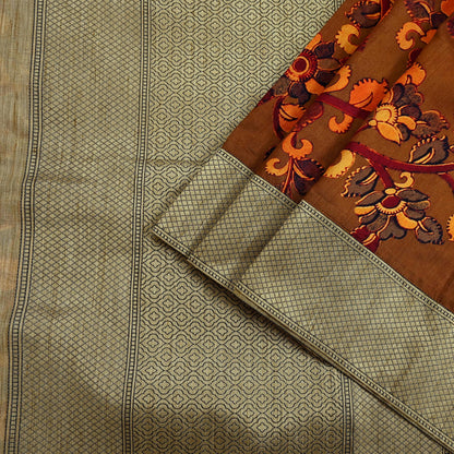 Indian Vintage Brown Saree Blend Silk Kalamkari Sari Craft Fabric 5yd Ethnic Wear Floral Crafting Quilting Peacock Design
