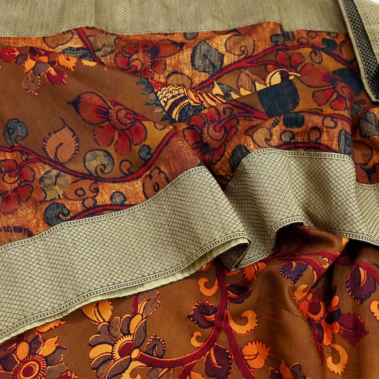 Indian Vintage Brown Saree Blend Silk Kalamkari Sari Craft Fabric 5yd Ethnic Wear Floral Crafting Quilting Peacock Design