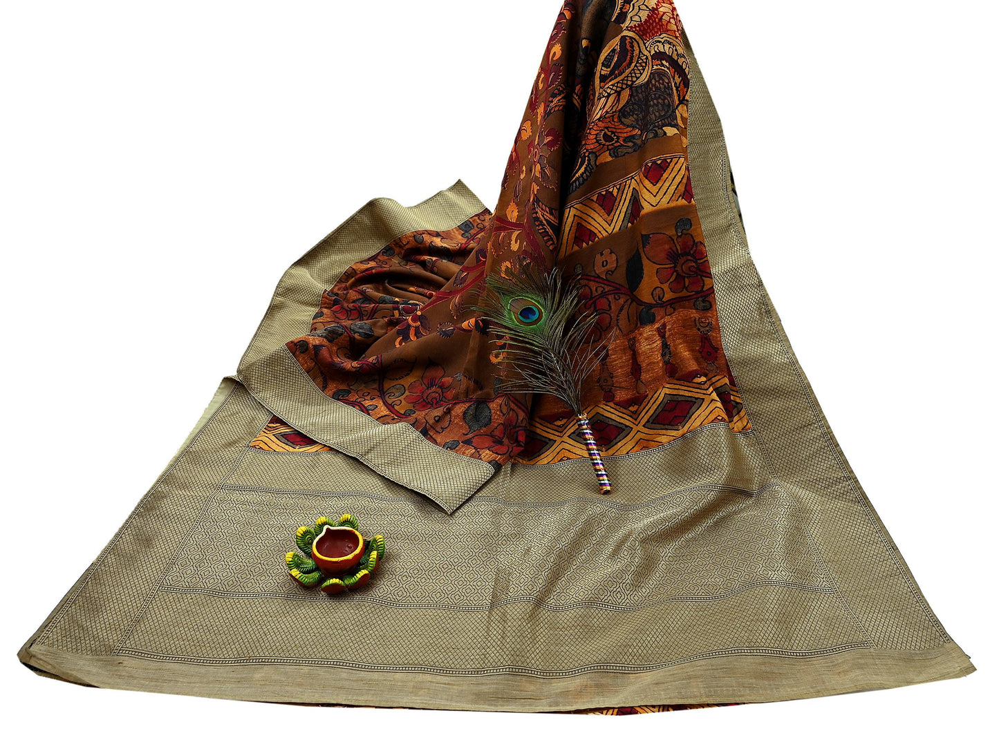 Indian Vintage Brown Saree Blend Silk Kalamkari Sari Craft Fabric 5yd Ethnic Wear Floral Crafting Quilting Peacock Design
