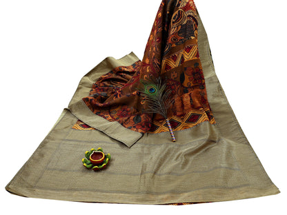 Indian Vintage Brown Saree Blend Silk Kalamkari Sari Craft Fabric 5yd Ethnic Wear Floral Crafting Quilting Peacock Design