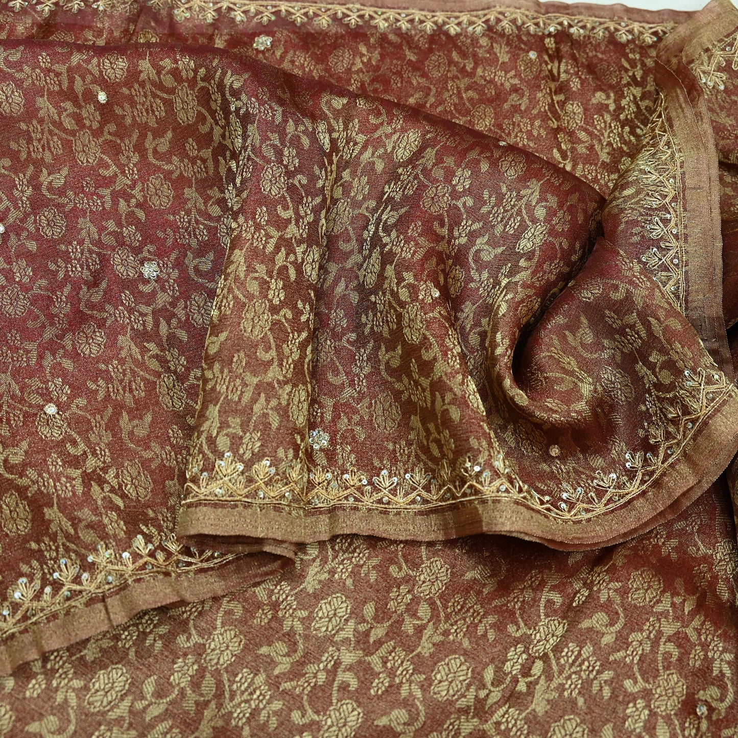 Indian Vintage Sari Golden Tissue Hand Embroidered Sarees Craft Fabric 5Yd Sewing Soft Ethnic Zardozi/Zari Dress making Crafting Upcycle