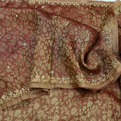 Indian Vintage Sari Golden Tissue Hand Embroidered Sarees Craft Fabric 5Yd Sewing Soft Ethnic Zardozi/Zari Dress making Crafting Upcycle