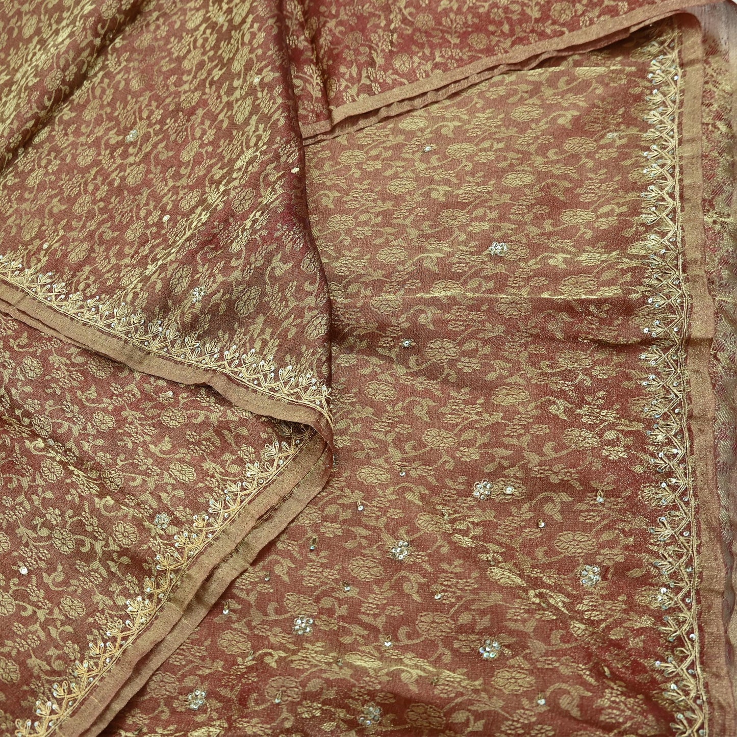 Indian Vintage Sari Golden Tissue Hand Embroidered Sarees Craft Fabric 5Yd Sewing Soft Ethnic Zardozi/Zari Dress making Crafting Upcycle