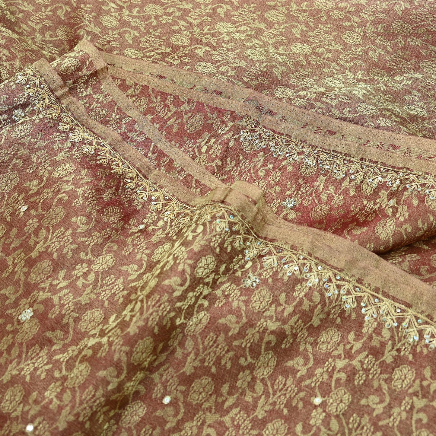 Indian Vintage Sari Golden Tissue Hand Embroidered Sarees Craft Fabric 5Yd Sewing Soft Ethnic Zardozi/Zari Dress making Crafting Upcycle