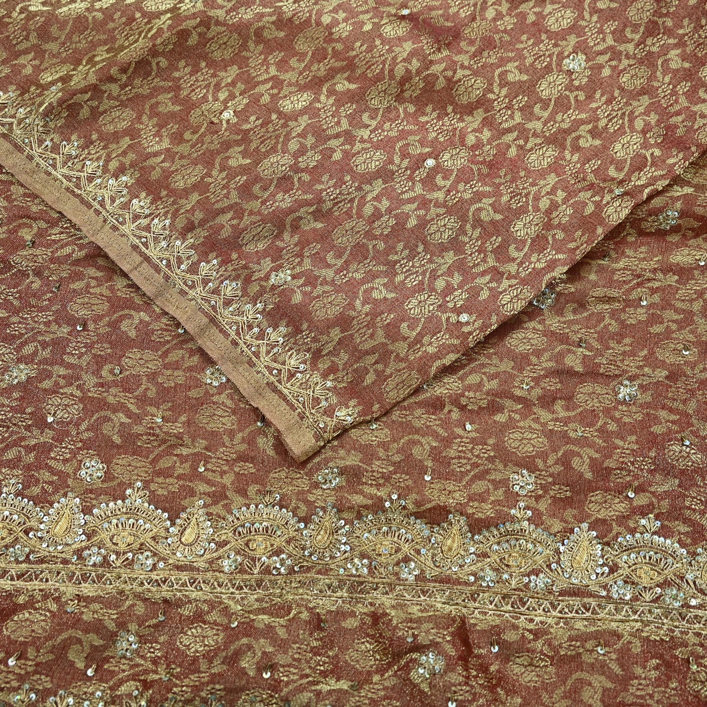 Indian Vintage Sari Golden Tissue Hand Embroidered Sarees Craft Fabric 5Yd Sewing Soft Ethnic Zardozi/Zari Dress making Crafting Upcycle