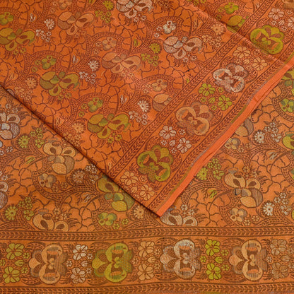 Indian Vintage Sari Orange 100% Pure Silk Hand Woven Sarees Craft Fabric 5Yd Ethnic Sewing Dress making Crafting Quilting Upcycle