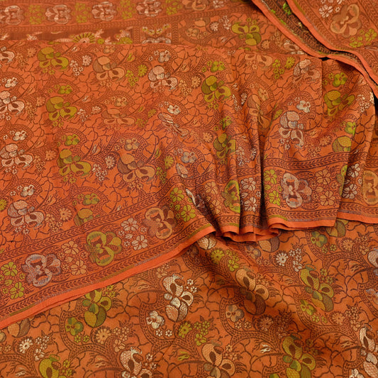 Indian Vintage Sari Orange 100% Pure Silk Hand Woven Sarees Craft Fabric 5Yd Ethnic Sewing Dress making Crafting Quilting Upcycle