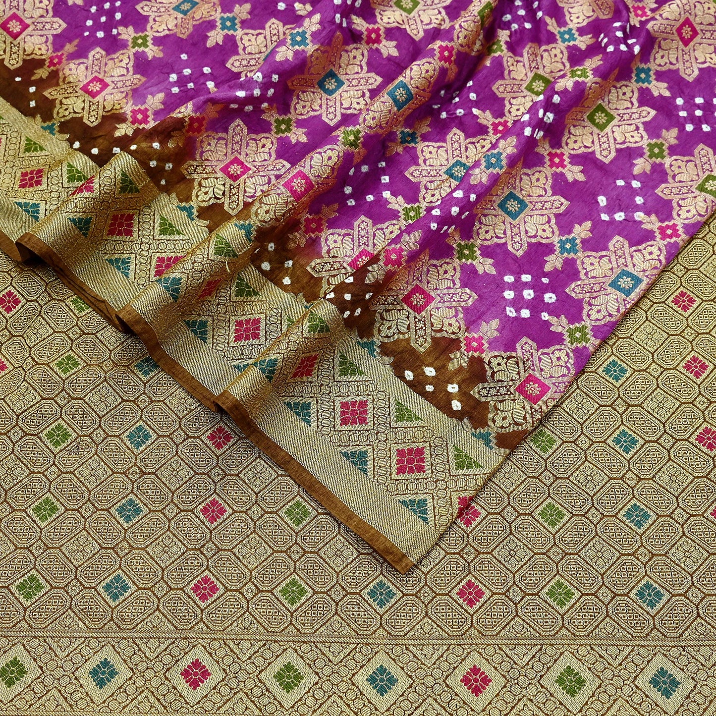 Indian Vintage Sari Purple & Green Artificial Silk Hand Woven Bandhani Sarees 5yd Ethnic Craft Fabric Sewing Wedding Dress making Crafting
