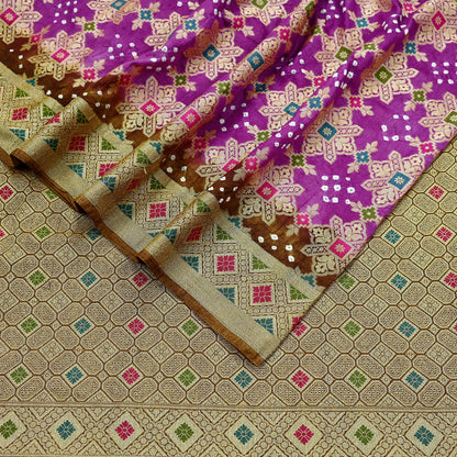Indian Vintage Sari Purple & Green Artificial Silk Hand Woven Bandhani Sarees 5yd Ethnic Craft Fabric Sewing Wedding Dress making Crafting