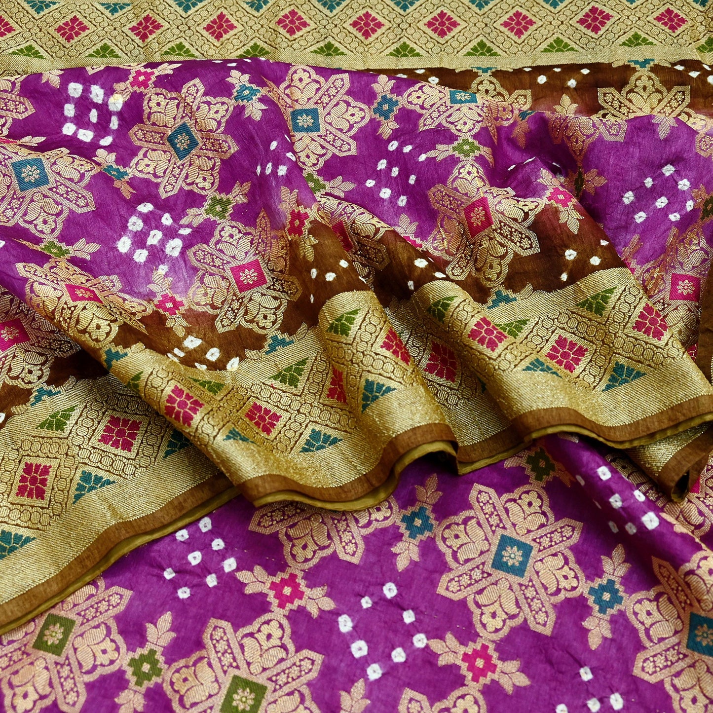 Indian Vintage Sari Purple & Green Artificial Silk Hand Woven Bandhani Sarees 5yd Ethnic Craft Fabric Sewing Wedding Dress making Crafting