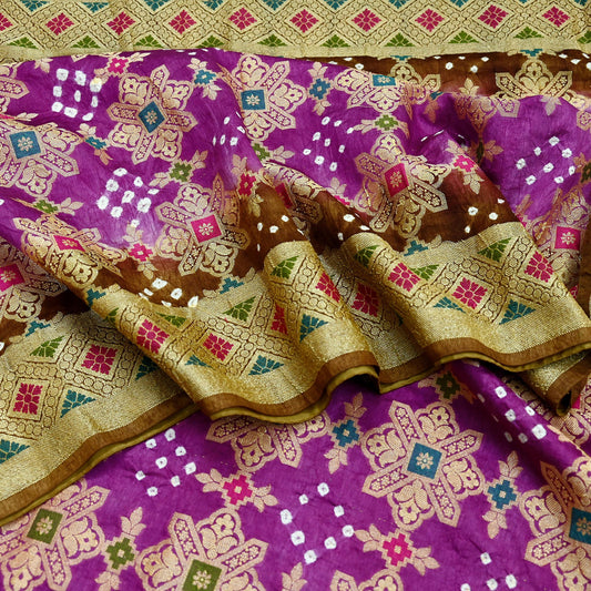 Indian Vintage Sari Purple & Green Artificial Silk Hand Woven Bandhani Sarees 5yd Ethnic Craft Fabric Sewing Wedding Dress making Crafting