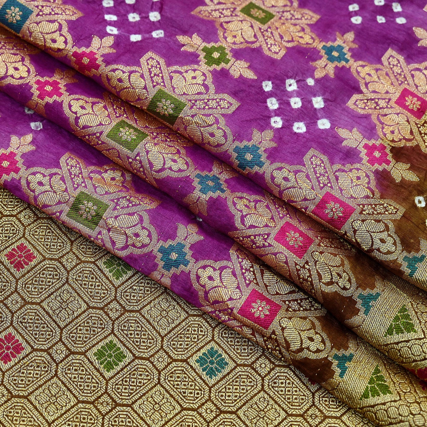 Indian Vintage Sari Purple & Green Artificial Silk Hand Woven Bandhani Sarees 5yd Ethnic Craft Fabric Sewing Wedding Dress making Crafting