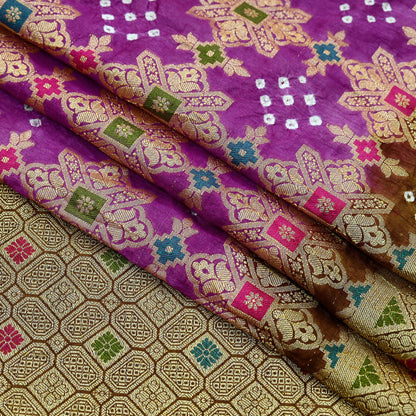 Indian Vintage Sari Purple & Green Artificial Silk Hand Woven Bandhani Sarees 5yd Ethnic Craft Fabric Sewing Wedding Dress making Crafting