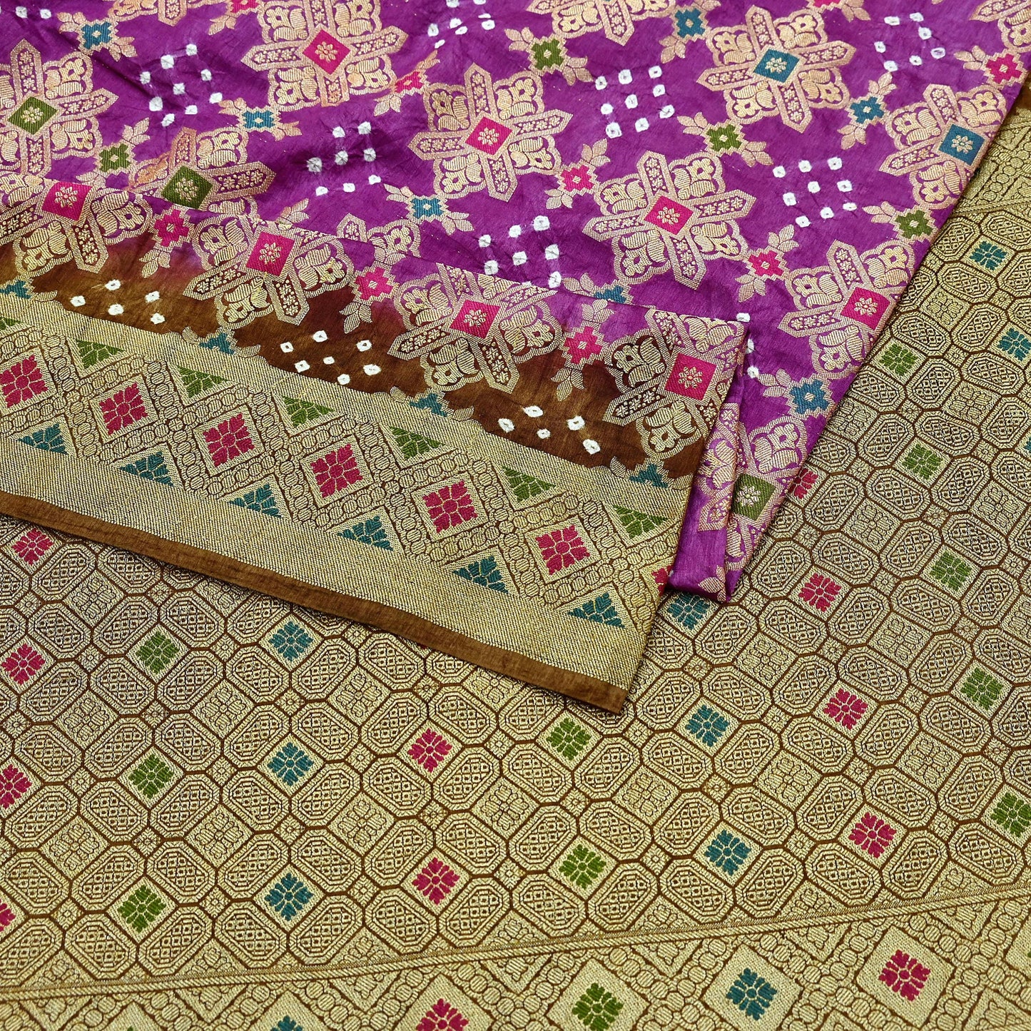 Indian Vintage Sari Purple & Green Artificial Silk Hand Woven Bandhani Sarees 5yd Ethnic Craft Fabric Sewing Wedding Dress making Crafting