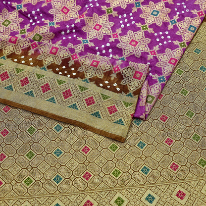 Indian Vintage Sari Purple & Green Artificial Silk Hand Woven Bandhani Sarees 5yd Ethnic Craft Fabric Sewing Wedding Dress making Crafting