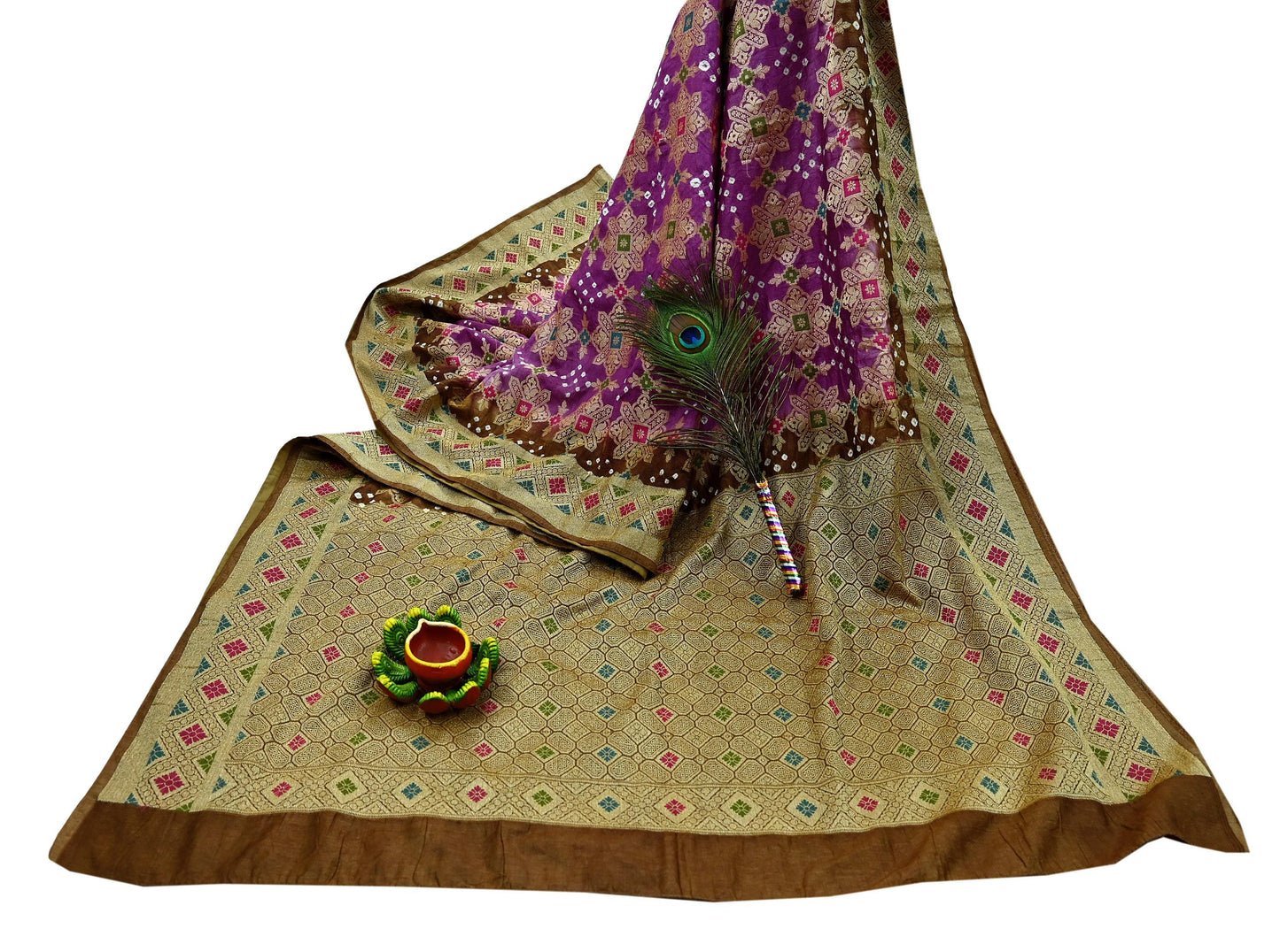 Indian Vintage Sari Purple & Green Artificial Silk Hand Woven Bandhani Sarees 5yd Ethnic Craft Fabric Sewing Wedding Dress making Crafting