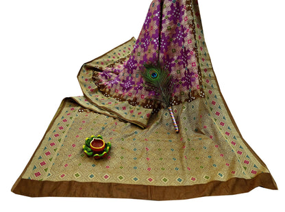 Indian Vintage Sari Purple & Green Artificial Silk Hand Woven Bandhani Sarees 5yd Ethnic Craft Fabric Sewing Wedding Dress making Crafting