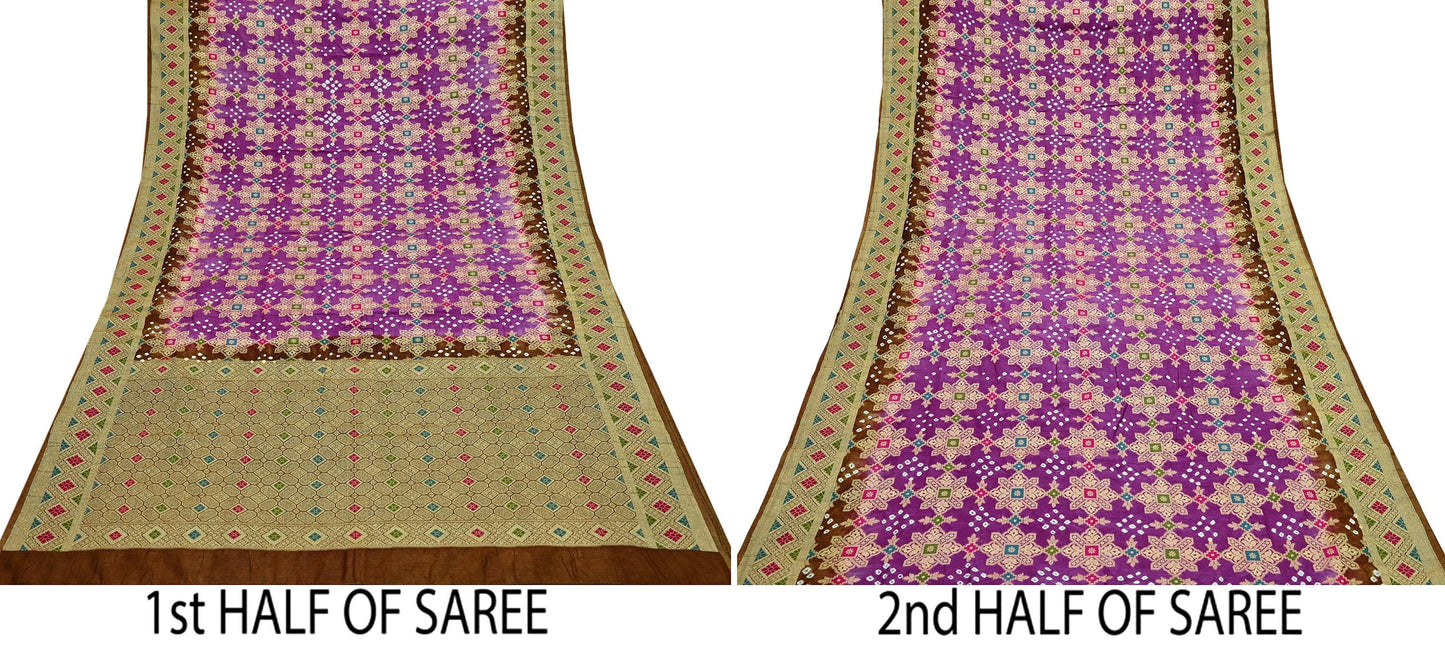 Indian Vintage Sari Purple & Green Artificial Silk Hand Woven Bandhani Sarees 5yd Ethnic Craft Fabric Sewing Wedding Dress making Crafting