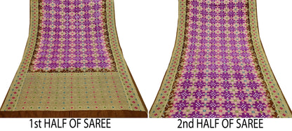 Indian Vintage Sari Purple & Green Artificial Silk Hand Woven Bandhani Sarees 5yd Ethnic Craft Fabric Sewing Wedding Dress making Crafting