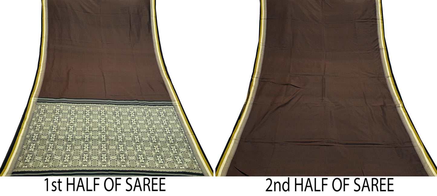 Indian Vintage Sari Black & Brown 100% Pure Silk Hand Woven Sarees Craft Fabric 5Yd Ethnic Sewing Dress making Crafting Quilting Upcycle