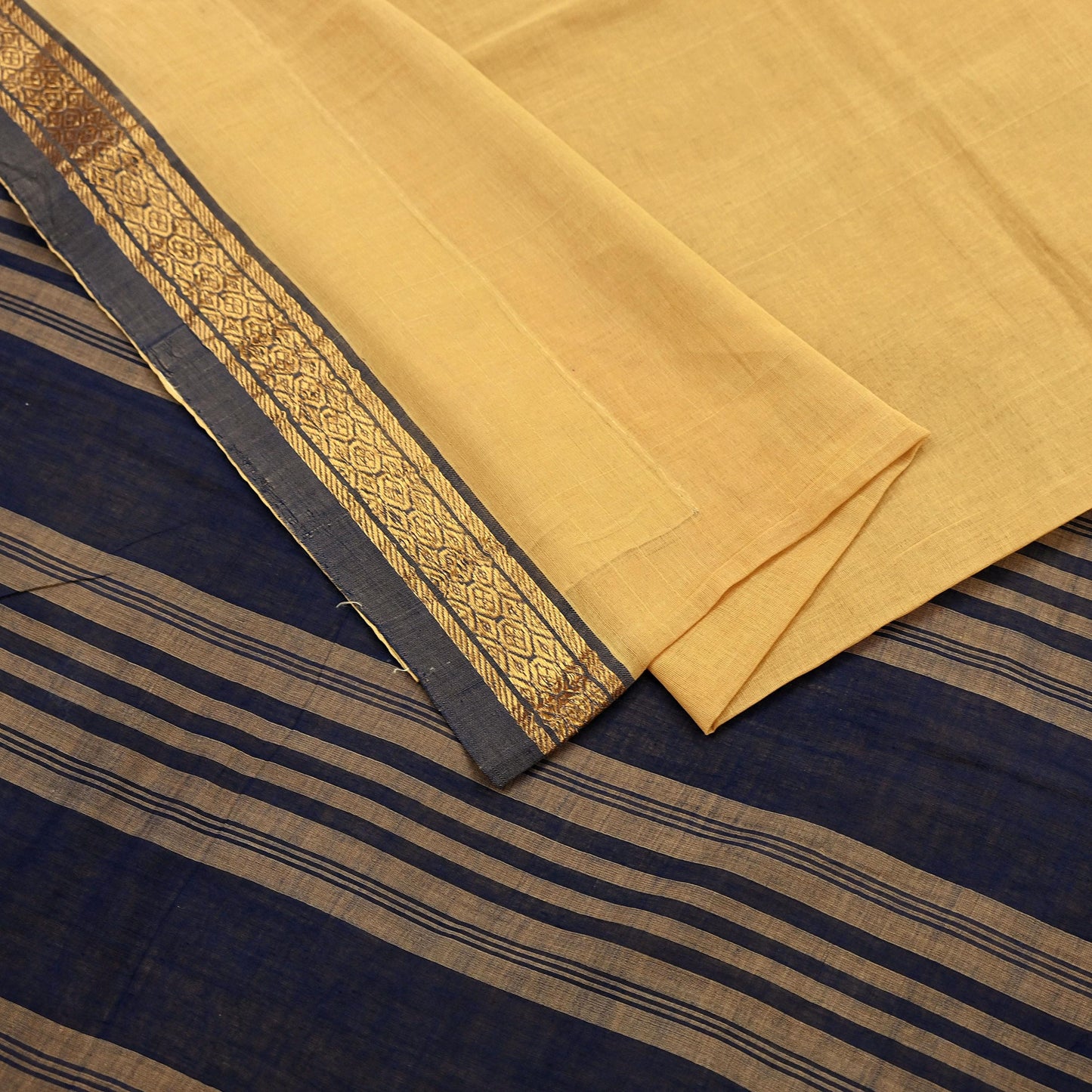 Vintage Sari Yellow & Blue Pure Cotton Hand Woven Sarees Craft Fabric Zari 5Yd Sewing Soft Crafting Dress making Upcycle Quilting Zigzag